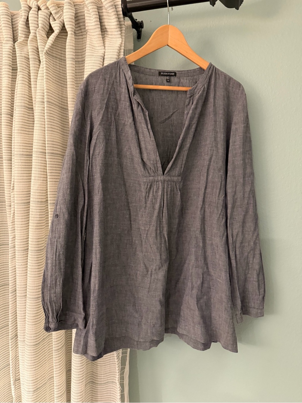 Eileen Fisher Slate Gray Linen V-Neck Long-Sleeve Tunic size Large
